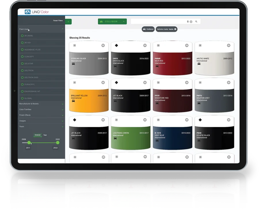 PPG LINQ Color software on a tablet, showing a colour search