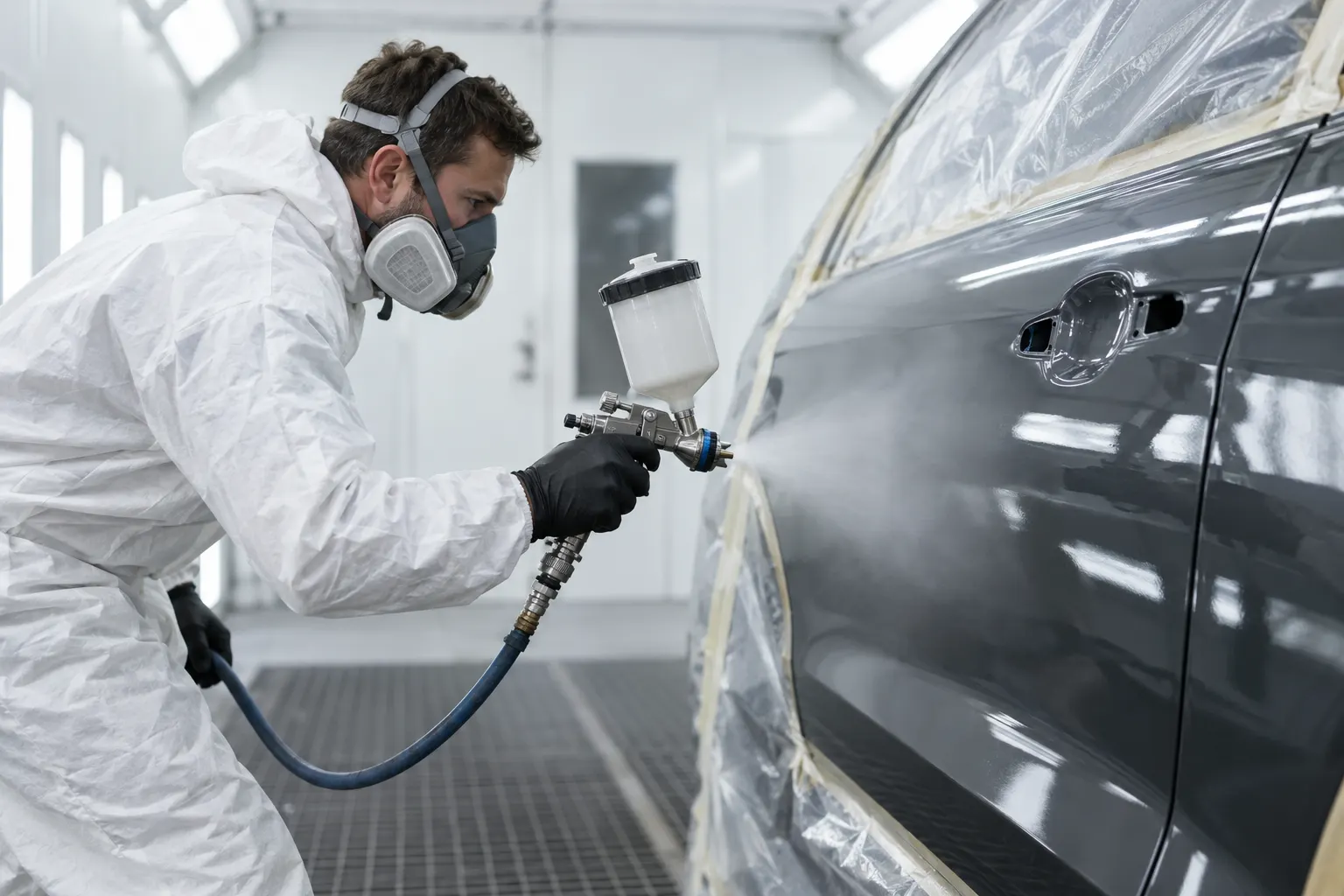 Bodyshop painter spraying a car with PPG VALUE-PRO waterborne basecoat